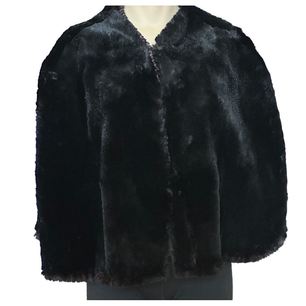 Vintage Open Cape Shawl Wrap Swing Coat 54x21 Inch Black Animal Fur Authentic
